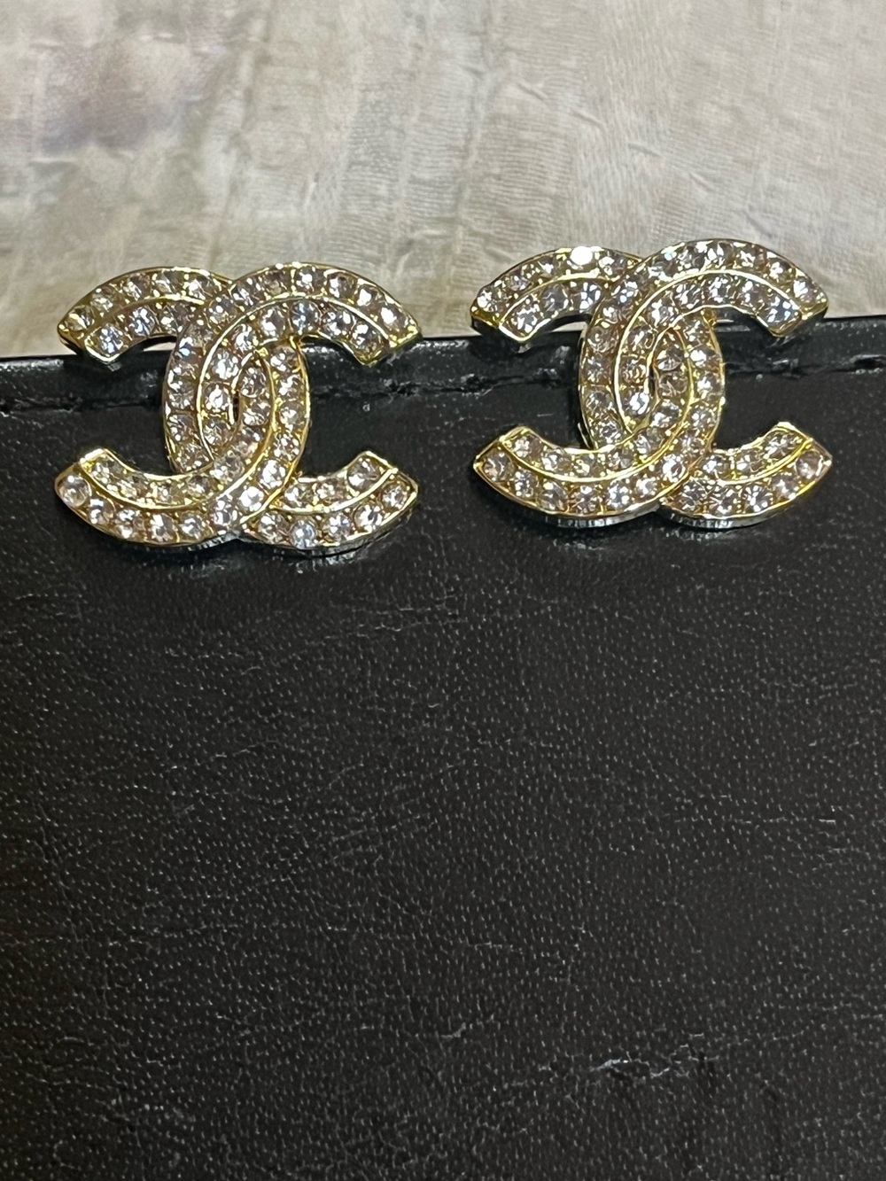 Double C Designer Rhinestone Gold Tone Stud Earrings
